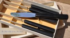 Cattaraugus Steak Knives Set Of Six Mint Original Box 7 1/2" Each Mirror Polish Black Handles