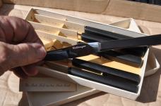 Cattaraugus Steak Knives Set Of Six Mint Original Box 7 1/2" Each Mirror Polish Black Handles