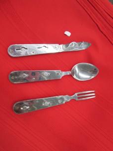 VTG COLONIAL PROV USA PIC NIC SET Hobo Knife Spoon Fork Can Opener Cap Lifter