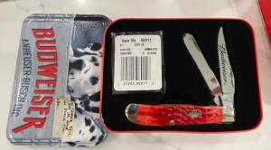 Case 2002 Dark Red Mini Trapper Budweiser knife in original tin