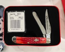 Case 2002 Dark Red Mini Trapper Budweiser knife in original tin