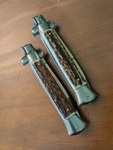 DUO OF NEW FRANK BELTRAME STAG HORN 23CM 9" BAYONET AND DAGGER STILETTOS 4MM KICK SPRING... SNAPPY! 