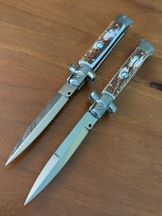 DUO OF NEW FRANK BELTRAME STAG HORN 23CM 9" BAYONET AND DAGGER STILETTOS 4MM KICK SPRING... SNAPPY! 