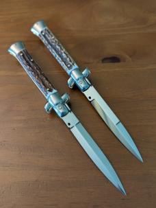 DUO OF NEW FRANK BELTRAME STAG HORN 23CM 9" BAYONET AND DAGGER STILETTOS 4MM KICK SPRING... SNAPPY! 