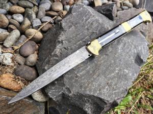 Custom 13 inch damascus Horn brass engraved switchblade