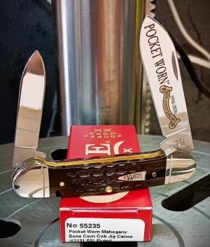 2026 Case XX Canoe 30th Anniversary Pocket Worn Mahogany Bone Corn Cob Jig - Etched Stainless Blade