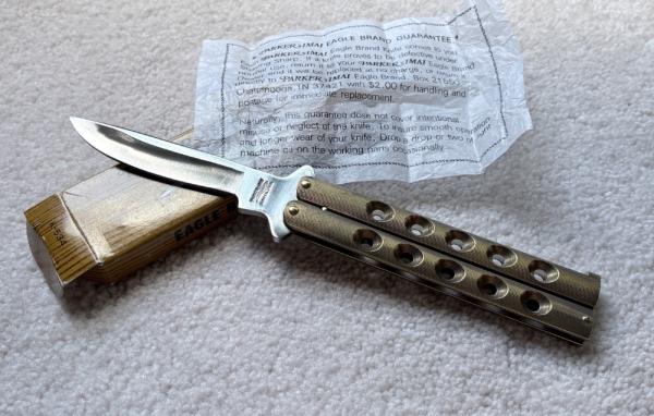 Vintage Parker Balisong Butterfly Knife, Brass Handle, Original Box and Paper, Japan, Unused