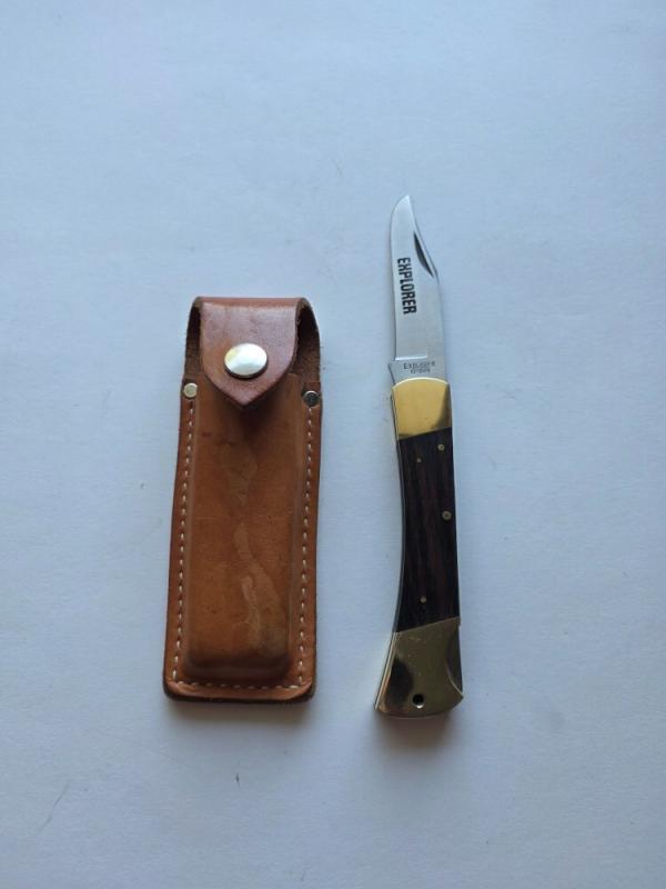Vintage Explorer 11-309 Folding Lockback Knife 440 Japan Wood Brass w Sheath