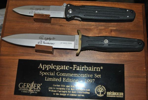 Gerber Boker Comem Set 1997 Applegate Fairbain AF0603/3000 Mint Wood Plaque Dagger And Folder Gerber Boker Comem Set 1997 Applegate Fairbain AF0603/3000 Mint Wood Plaque Dagger And Folder