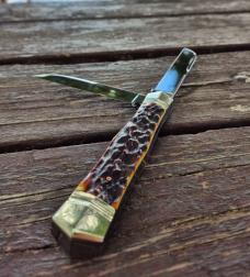 5 1/2" Handmade Swell Center Trapper Knife, Premium Stag Handles, Beautiful Filework