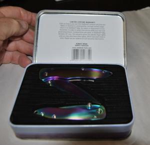 Sheffield Tools Two Rainbow Colored Knife Set Mint Pocket Clips 1 is 4quot Other 3quot Metal Tin