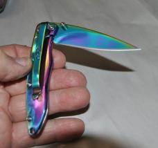 Sheffield Tools Two Rainbow Colored Knife Set Mint Pocket Clips 1 is 4" Other 3" Metal Tin