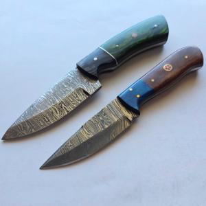Lot of 2 Damascus Steel Fixed Blade Hunting Knives Mosaic Pins Sheaths EDC