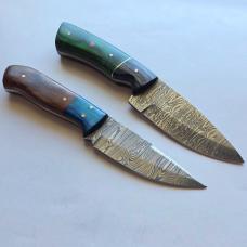Lot of 2 Damascus Steel Fixed Blade Hunting Knives Mosaic Pins Sheaths EDC