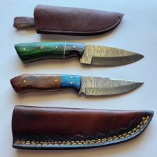Lot of 2 Damascus Steel Fixed Blade Hunting Knives Mosaic Pins Sheaths EDC