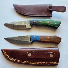 Lot of 2 Damascus Steel Fixed Blade Hunting Knives Mosaic Pins Sheaths EDC