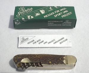 NOS HUBERTUS SOLINGEN GERMANY 4-1/8" STAG SPORT FOLDER, MASTER BLADE, GUTTING BLADE & CORKSCREW