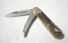 NOS HUBERTUS SOLINGEN GERMANY 4-1/8" STAG SPORT FOLDER, MASTER BLADE, GUTTING BLADE & CORKSCREW
