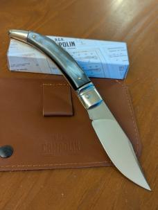 NIB AGA CAMPOLIN DIANA LEVERLOCK AUTO IN SMOKY BLACK BRAZILIAN HORN WITH BOX AND BROWN SHEATH 
