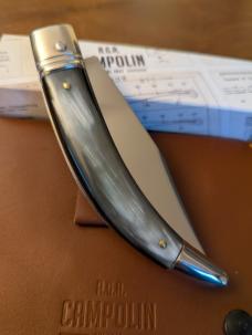 NIB AGA CAMPOLIN DIANA LEVERLOCK AUTO IN SMOKY BLACK BRAZILIAN HORN WITH BOX AND BROWN SHEATH 