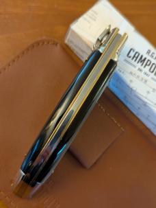 NIB AGA CAMPOLIN DIANA LEVERLOCK AUTO IN SMOKY BLACK BRAZILIAN HORN WITH BOX AND BROWN SHEATH 