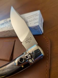 NIB AGA CAMPOLIN DIANA LEVERLOCK AUTO IN SMOKY BLACK BRAZILIAN HORN WITH BOX AND BROWN SHEATH 
