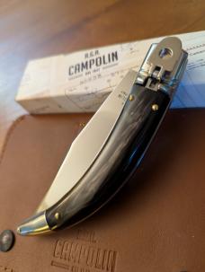 NIB AGA CAMPOLIN DIANA LEVERLOCK AUTO IN SMOKY BLACK BRAZILIAN HORN WITH BOX AND BROWN SHEATH 
