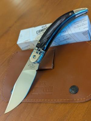 NIB AGA CAMPOLIN DIANA LEVERLOCK AUTO IN SMOKY BLACK BRAZILIAN HORN WITH BOX AND BROWN SHEATH 