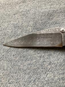 Vintage BRAD DUNCAN, Full-Dress Whiplash Pattern, Mother-of-Pearl Handle, Damascus Custom Knife
