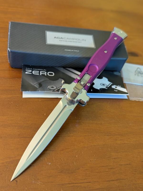 NEW 23CM 9 INCH AGA CAMPOLIN "ZERO" ANODIZED VIOLA ALUMINIUM POLISHED DAGGER BLADE AUTOMATIC NEW 23CM 9 INCH AGA CAMPOLIN "ZERO" ANODIZED VIOLA ALUMINIUM POLISHED DAGGER BLADE AUTOMATIC