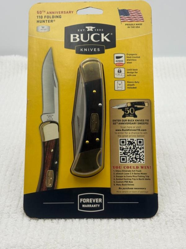 Buck 50th Anniversary 110 Folding Hunter 2002 Tang Stamp New In Package Buck 50th Anniversary 110 Folding Hunter 2002 Tang Stamp New In Package