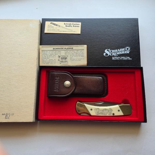 Vintage 1982 Schrade USA SC507 Scrimshaw Bighorn Ram Lockback Knife CIB Sheath Vintage 1982 Schrade USA SC507 Scrimshaw Bighorn Ram Lockback Knife CIB Sheath