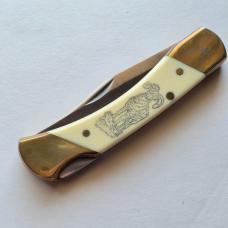 Vintage 1982 Schrade USA SC507 Scrimshaw Bighorn Ram Lockback Knife CIB Sheath