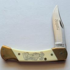 Vintage 1982 Schrade USA SC507 Scrimshaw Bighorn Ram Lockback Knife CIB Sheath