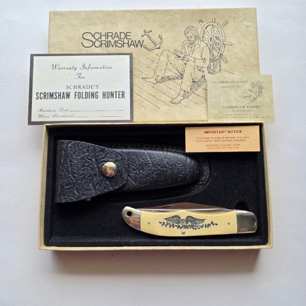 Vintage 1976 Schrade USA 260SC Scrimshaw American Eagle Folding Hunter Knife CIB Vintage 1976 Schrade USA 260SC Scrimshaw American Eagle Folding Hunter Knife CIB