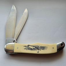 Vintage 1976 Schrade USA 260SC Scrimshaw American Eagle Folding Hunter Knife CIB
