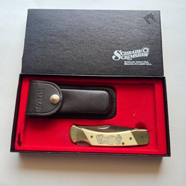 Vintage 1982 Schrade USA SC507 Scrimshaw Bighorn Ram Lockback Knife CIB Sheath Vintage 1982 Schrade USA SC507 Scrimshaw Bighorn Ram Lockback Knife CIB Sheath