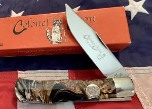 Colonel Coon Large Mountain Man Lockback Hunting Knife w  Prater Coon Stripe Handles Orig Box