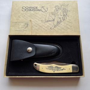 Vintage 1976 Schrade USA 260SC Scrimshaw American Eagle Folding Hunter Knife CIB