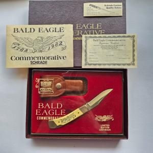 Vintage 1982 Schrade USA LB5 Bald Eagle Commemorative Lockback Knife CIB Box Sheath