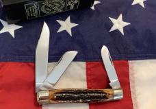 Queen Cutlery Premium Stockman (49 ACSB) w/ Great Amber Stag Bone Handles -NOS in orig box