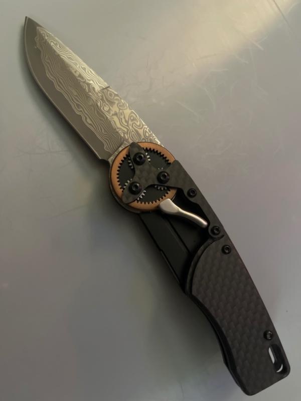 MANTIS KNIVES LEVER actuated GEAR driven Damascus