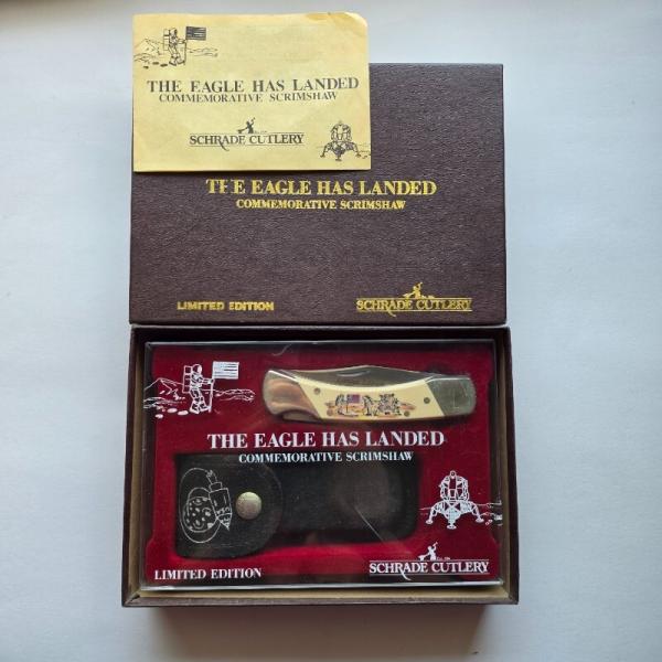 Vintage Schrade USA The Eagle Has Landed Apollo 11 Scrimshaw Knife CIB Box Sheath