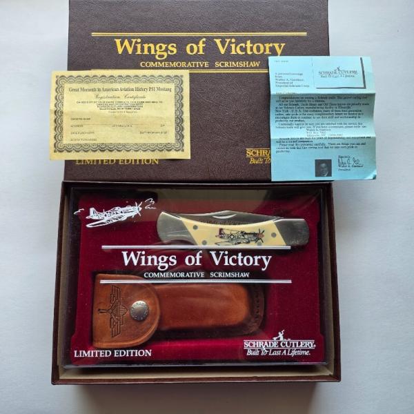 Vintage Schrade USA Wings of Victory P-51 Mustang Scrimshaw Knife CIB Box Sheath Vintage Schrade USA Wings of Victory P-51 Mustang Scrimshaw Knife CIB Box Sheath