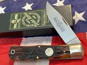 Queen Cutlery Large Trapper  Mountain Man Knife 3L ACSB w Great Amber Stag Bone Handles -NOS