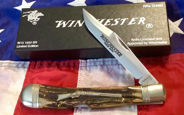 1988 Winchester Large Trapper Knife (Mdl# 1950) Riffle Shield Series w/ Slab Stag Handles -NOS 1988 Winchester Large Trapper Knife (Mdl# 1950) Riffle Shield Series w/ Slab Stag Handles -NOS