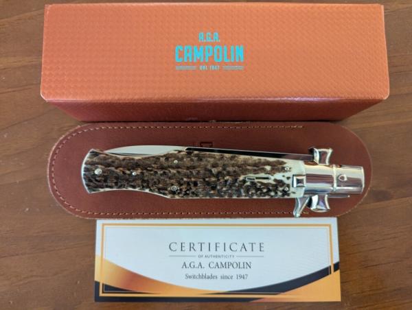 AGA CAMPOLIN SINGLE BOLSTER STAG "BLACK WIDOW" 11"- 28CM 5MM BLADE MANIAGO ITALY FREE SHIPPING! AGA CAMPOLIN SINGLE BOLSTER STAG "BLACK WIDOW" 11"- 28CM 5MM BLADE MANIAGO ITALY FREE SHIPPING!