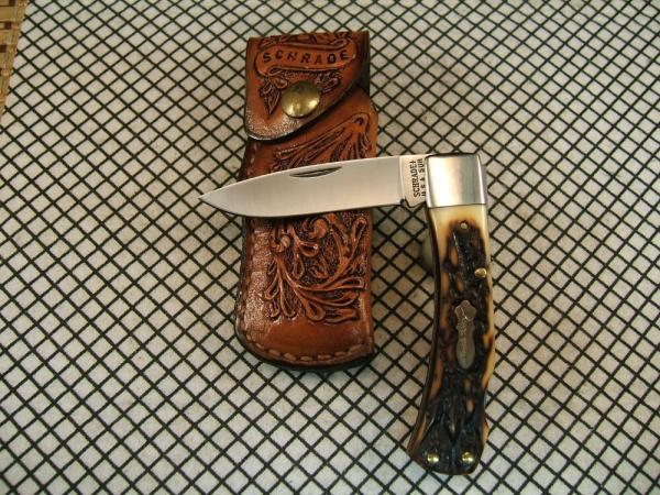 SCHRADE UNCLE HENRY 5UH BRUIN STAG DELRIN VINTAGE MINT USA LOCKBACK KNIFE WITH SCHRADE TOOLED SHEATH