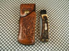 SCHRADE UNCLE HENRY 5UH BRUIN STAG DELRIN VINTAGE MINT USA LOCKBACK KNIFE WITH SCHRADE TOOLED SHEATH