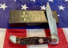 Queen Cutlery Single Blade Folding Hunter (#44) w/ Great Amber Stag Bone Handles -NOS in orig box